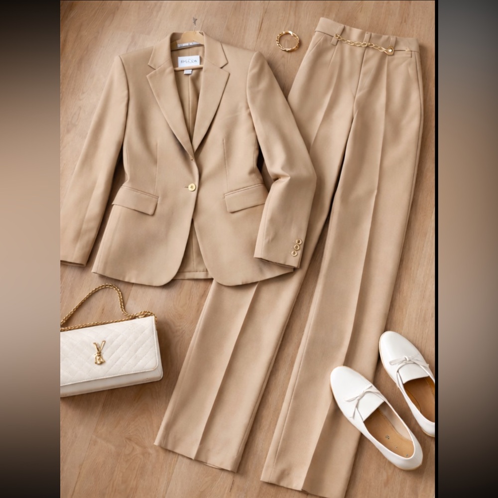 Oscar de la Renta Wool Gold Chain Detail Two Piece Pant Suit in Warm Tan Sz 4 - Picture 2 of 15